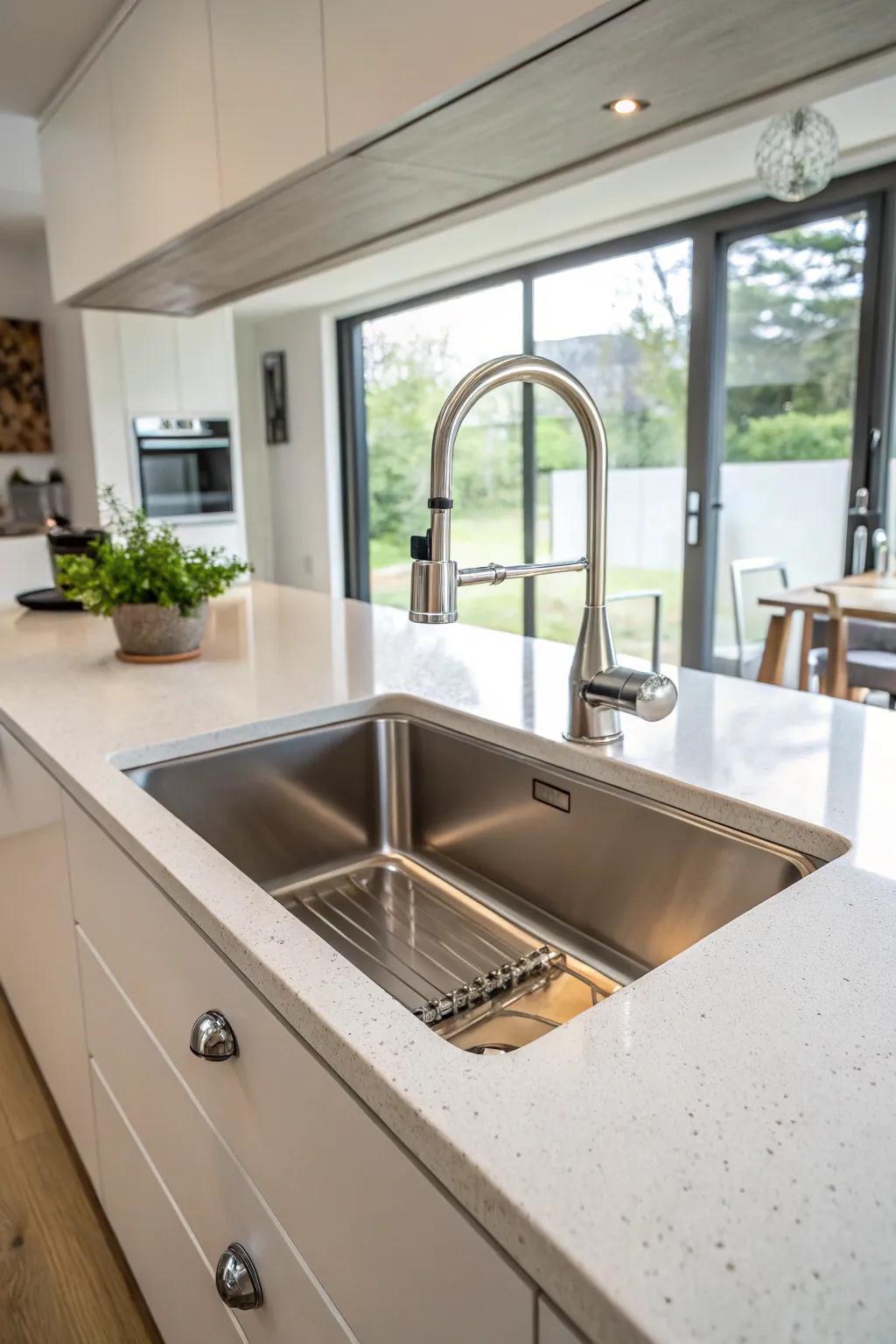 A stainless steel undermount sink featured in a modern kitchen.