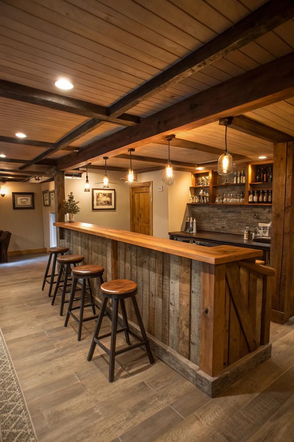Natural wood elements fashion an inviting and pleasant basement bar.