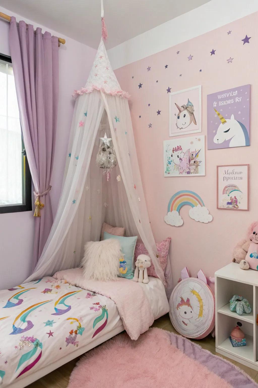Pastel shades form the groundwork of a captivating fantasy creature-inspired space.