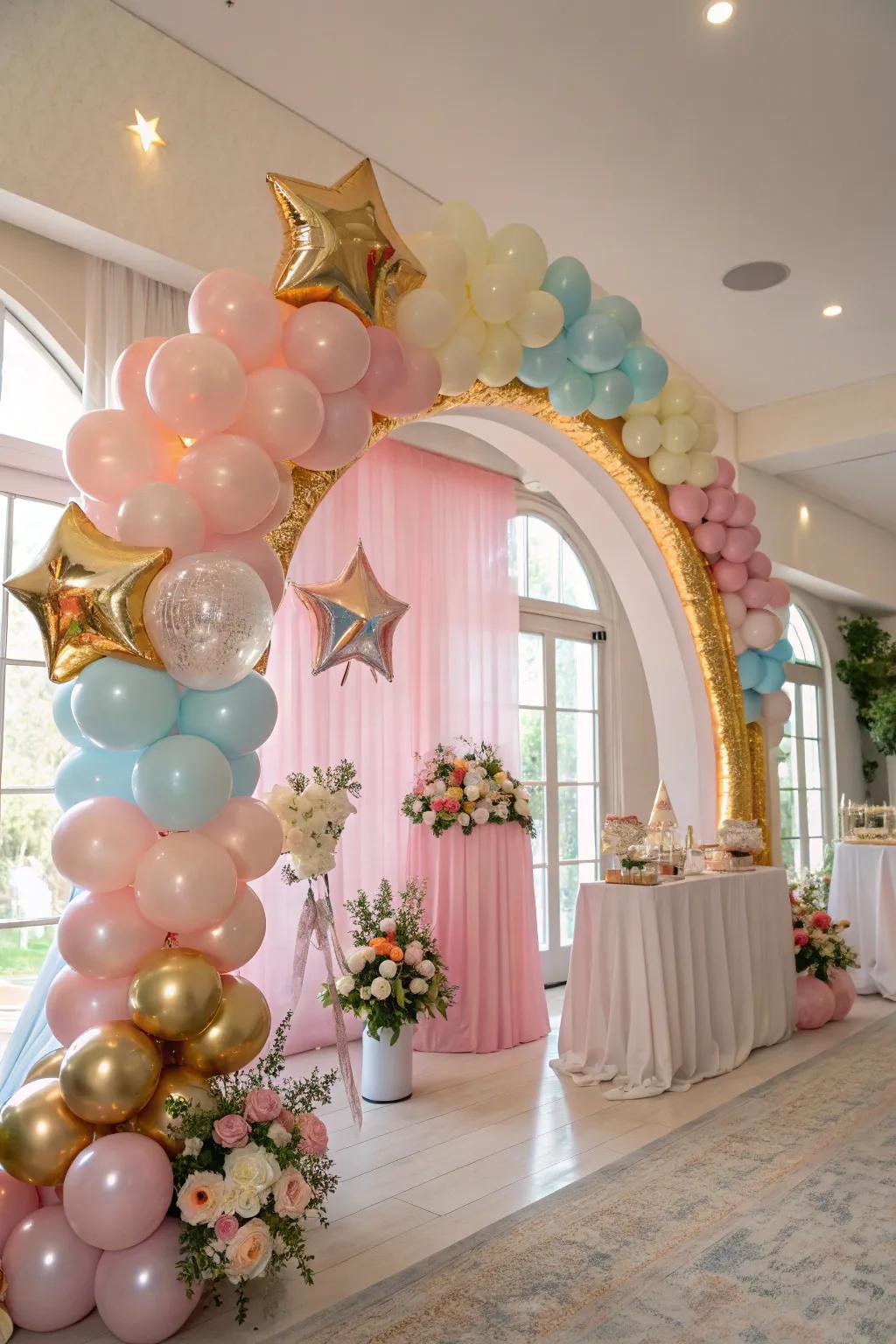 A show-stopping balloon arch enhanced with metallic highlights and star patterns, creating a celestial aesthetic.