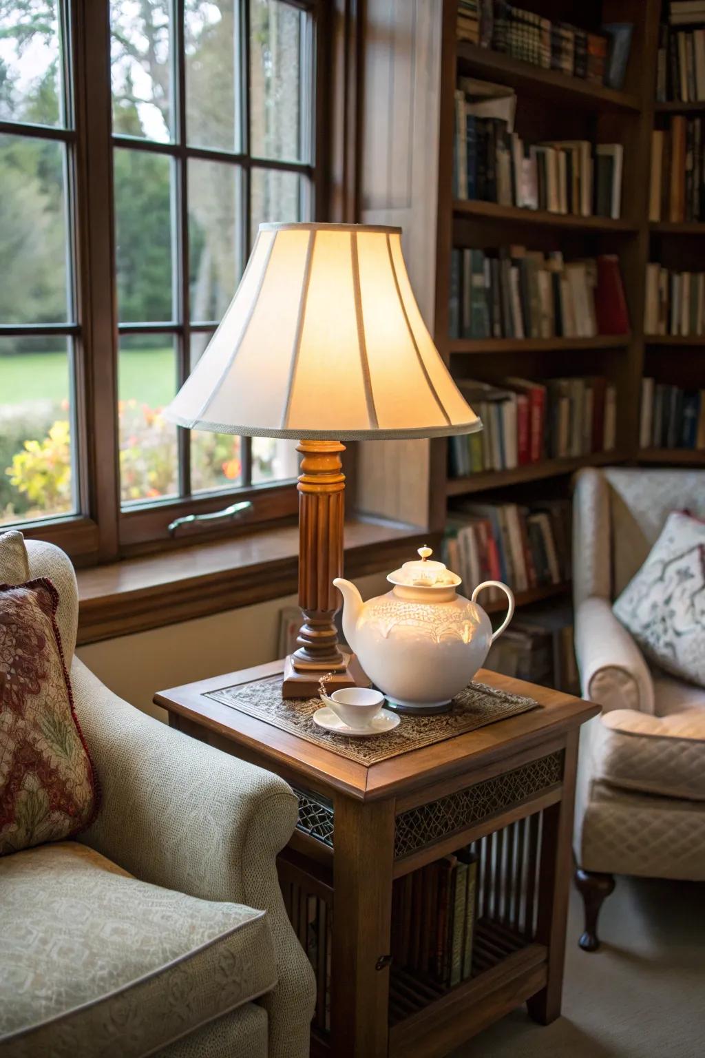 A quirky kettle lamp for a comfy corner.