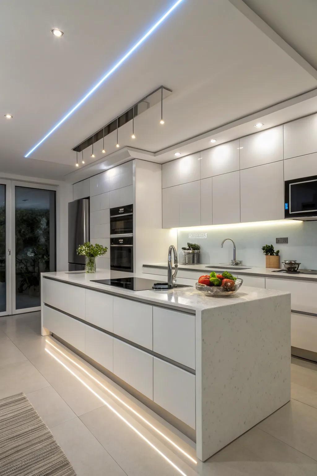 Subtle LED ribbon lighting enriches the modern kitchen's atmosphere.