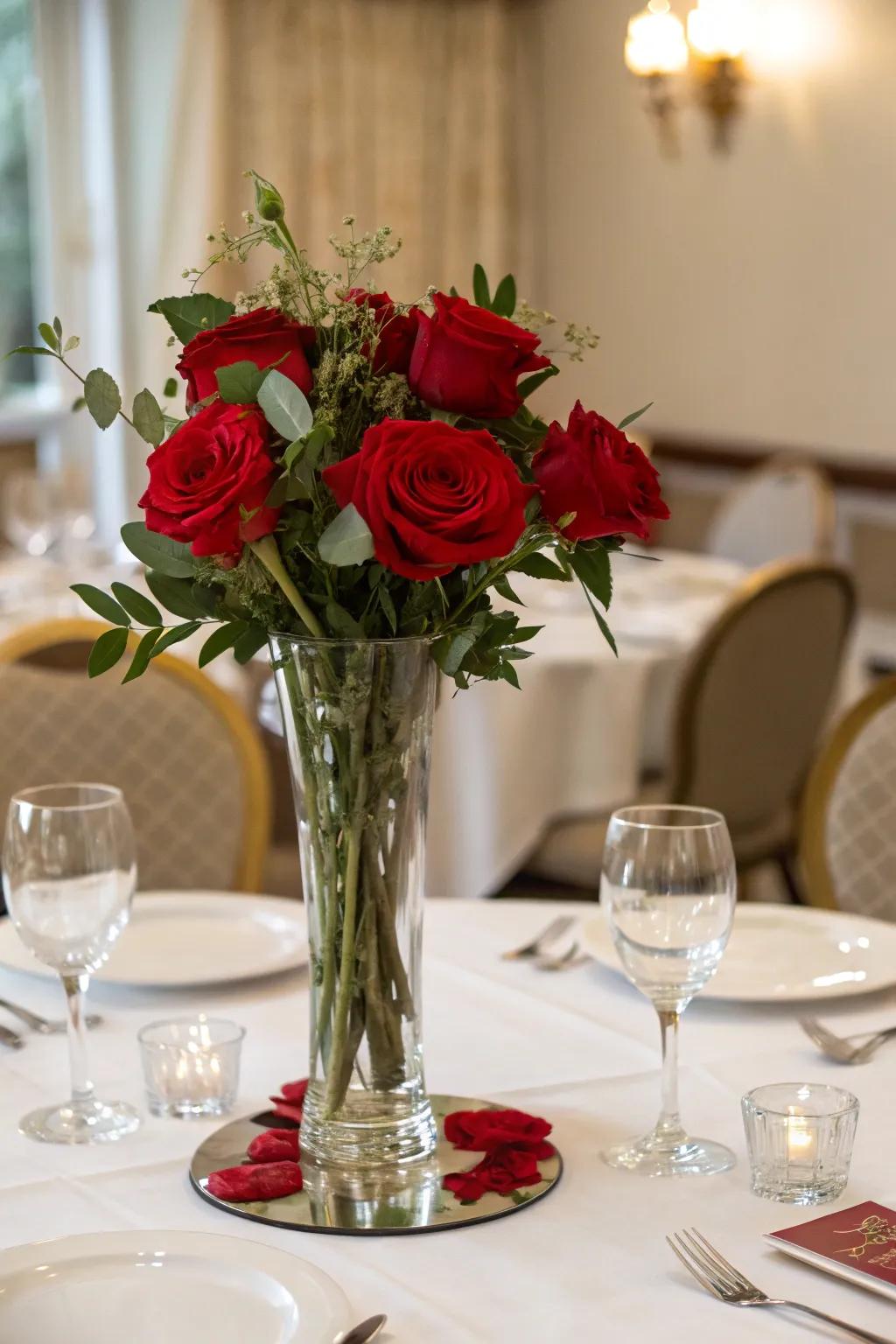 Traditional scarlet roses inside a transparent vase construct a timeless centerpiece.