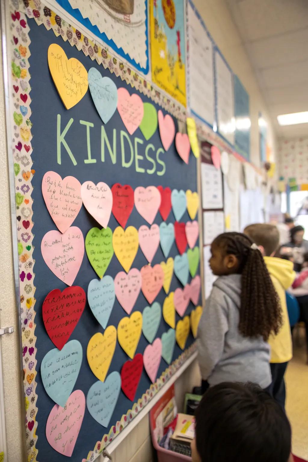 A notice board overflowing with sincere expressions penned on heart-shaped notes.