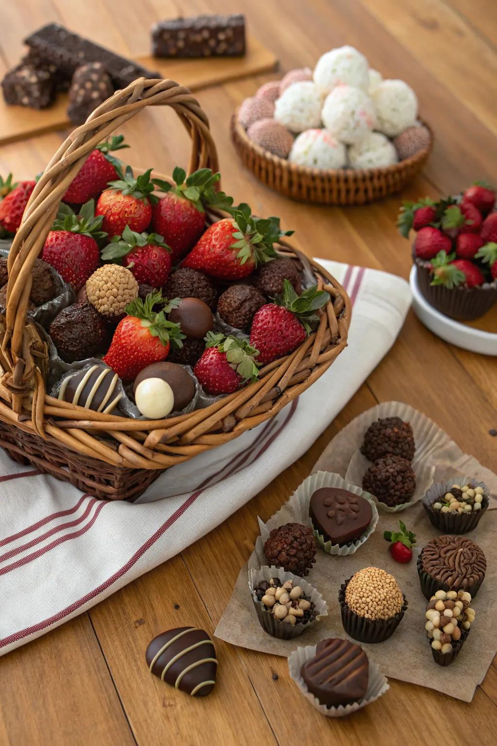 An opulent chocolate-themed basket, the perfect Valentine's Day indulgence.