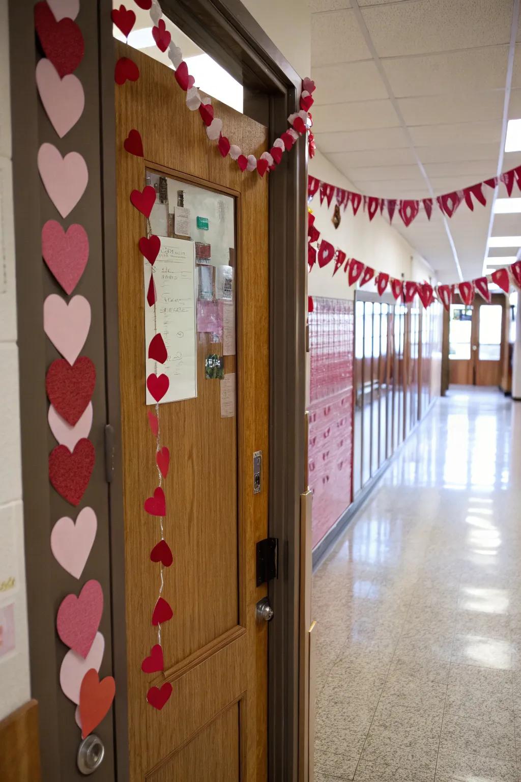 A classroom entrance showcasing an overflowing garland of scarlet and rose hearts, ideal for Valentine's Day.