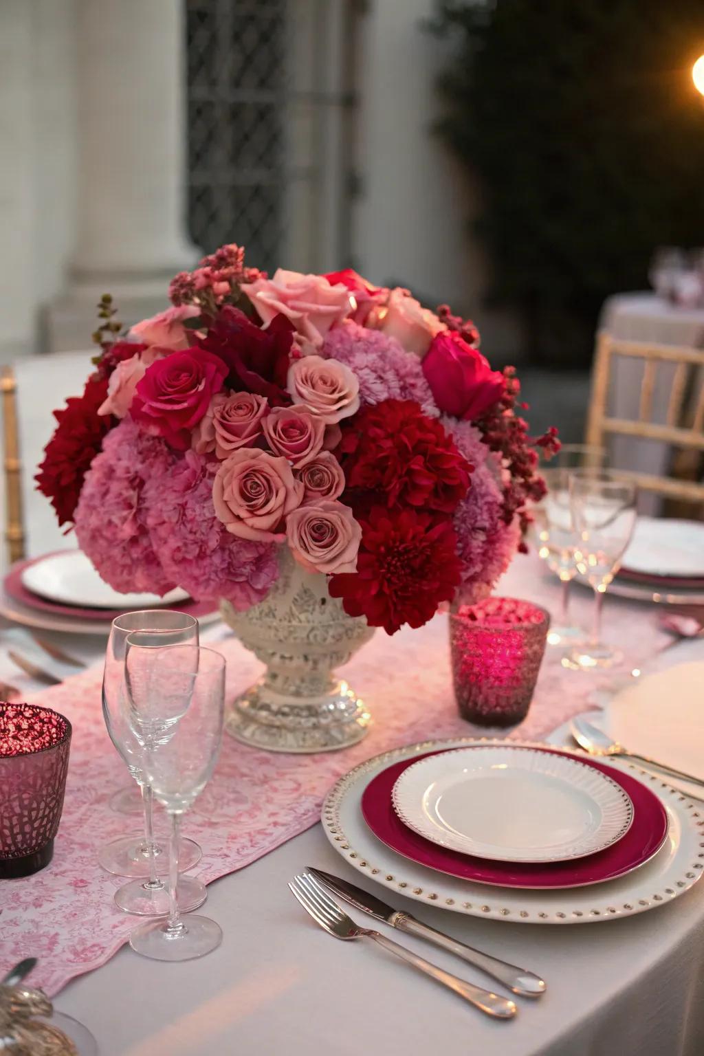 A stunning ombré flower arrangement sets a romantic tone for dinner.