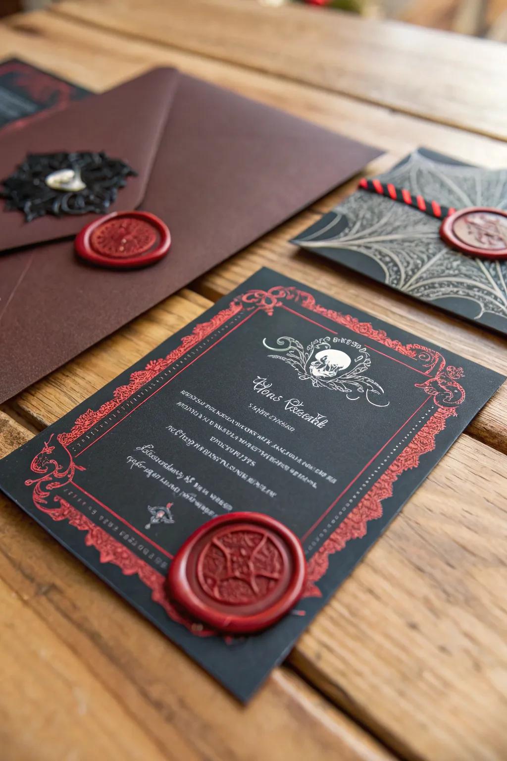 Gothic invitations establish the theme for your night of vampires.