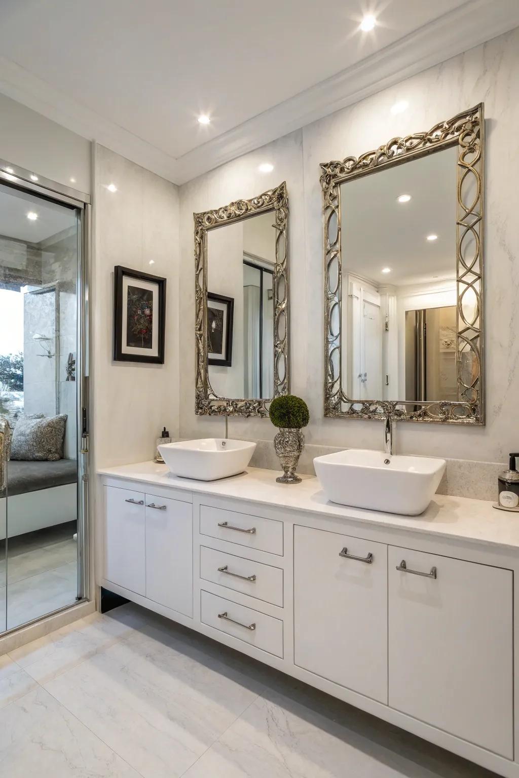 A stylish lavatory featuring double sinks and plenty of storage.