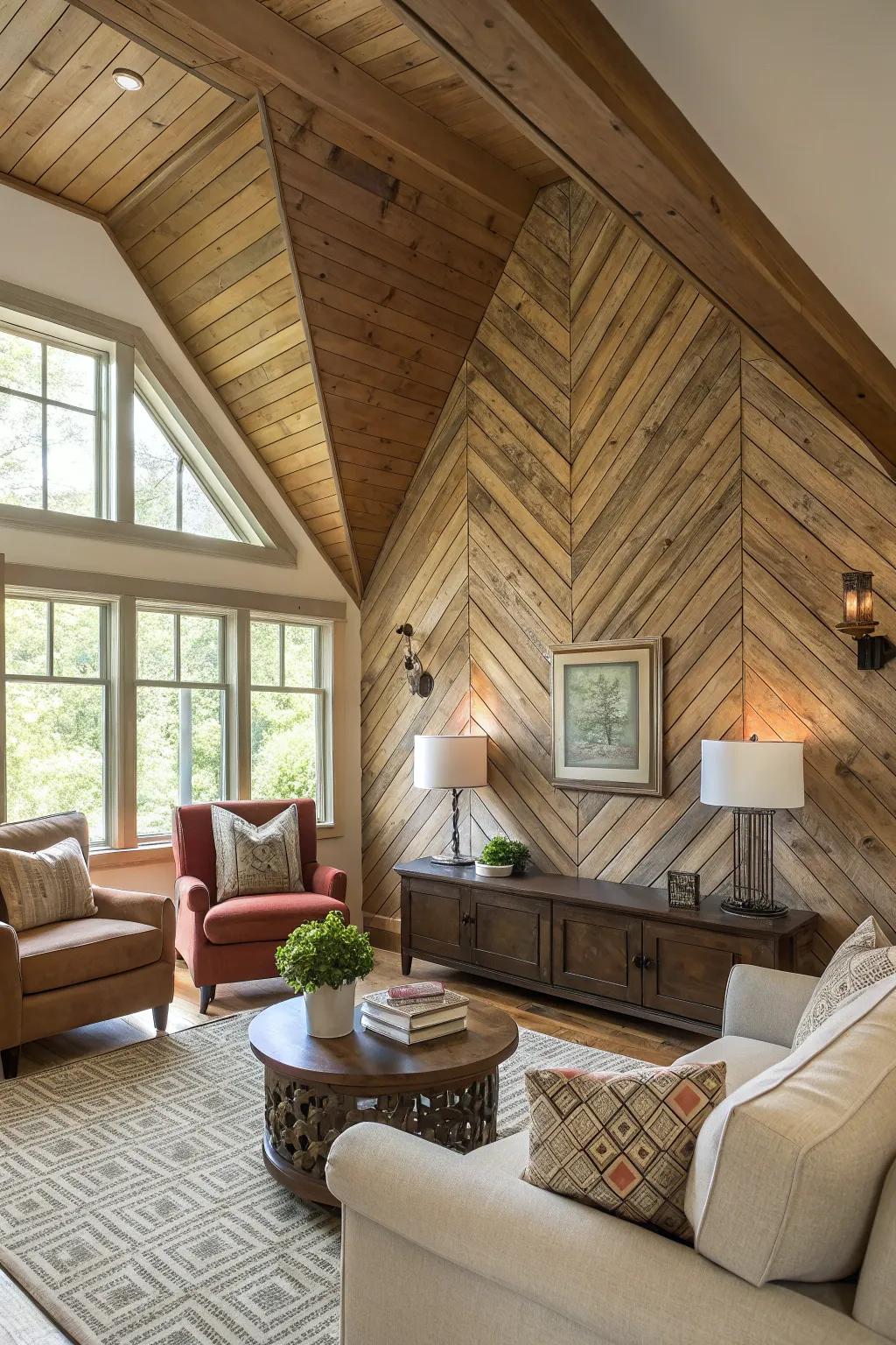 Living room featuring a vaulted ceiling and a textured wooden panel feature wall.