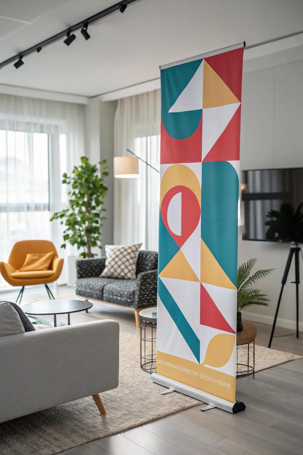 A vertical banner showcasing geometric designs imparts a modern elegance to the living area.