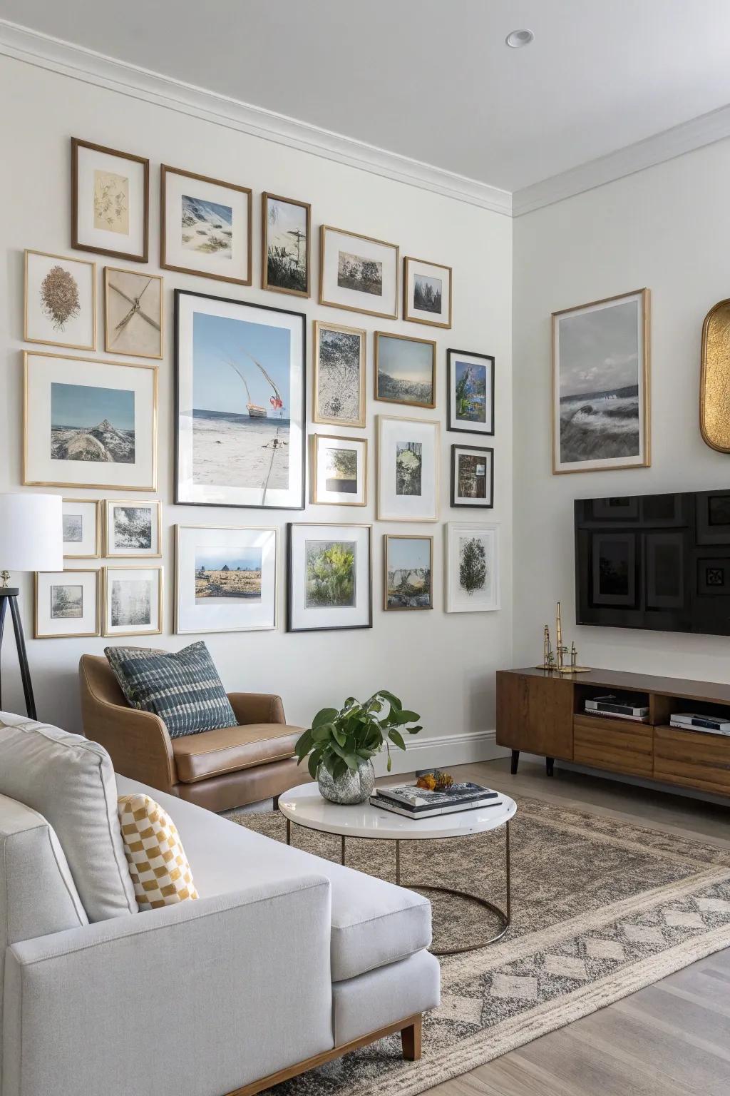 A gallery wall showcasing a fusion of frame sizes for dynamic visual engagement