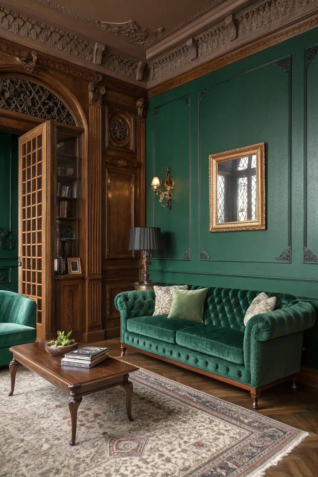 A sophisticated living area enhanced with walls of emerald green and sumptuous furnishings.