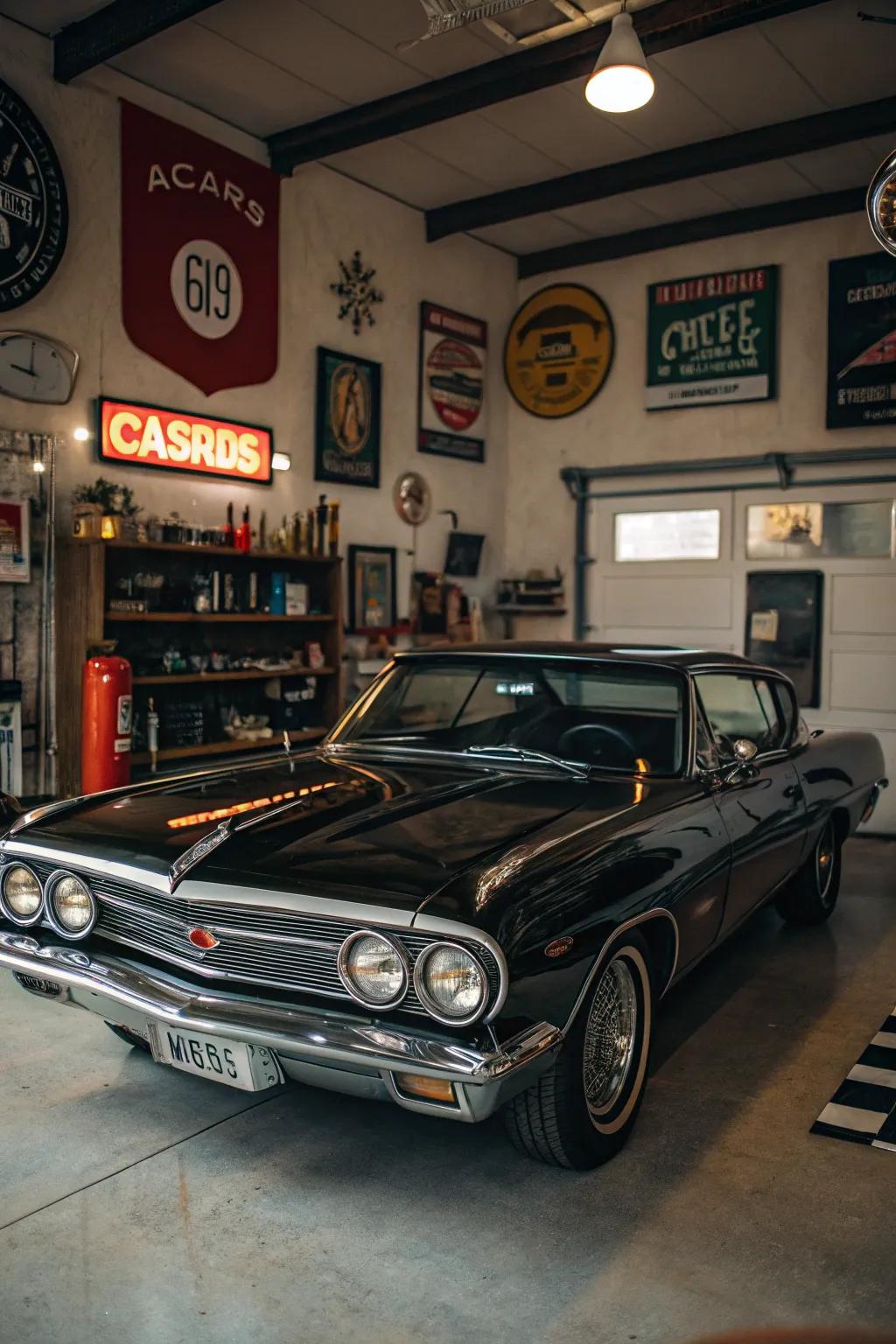 A classic automobile commands attention in a beautifully designed vintage garage.