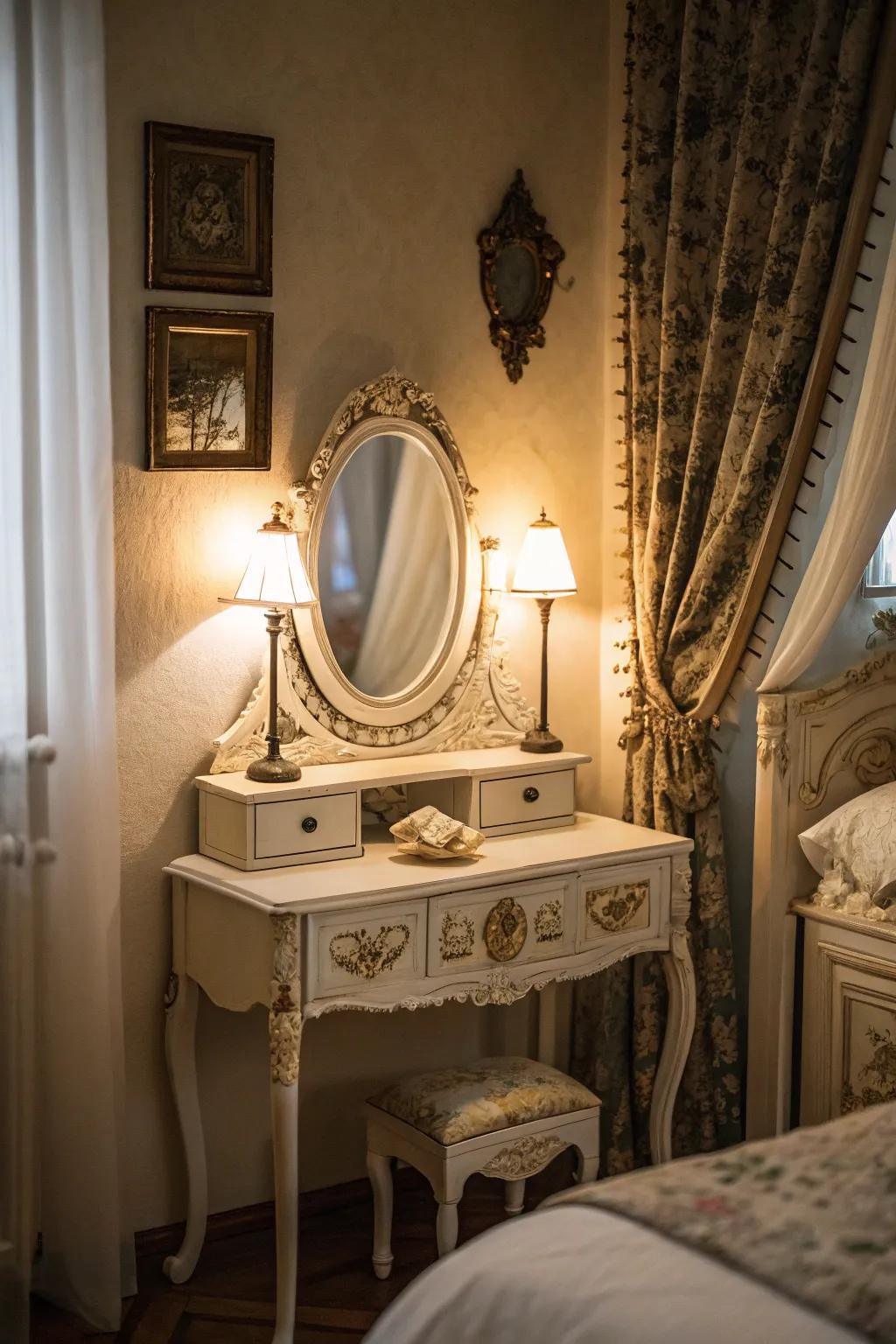 An elaborate mirror enriches any vintage vanity with timeless sophistication.