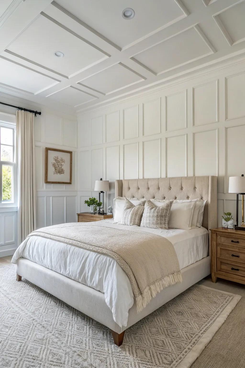 Classic white paneling gives a timeless feel to any primary bedroom.