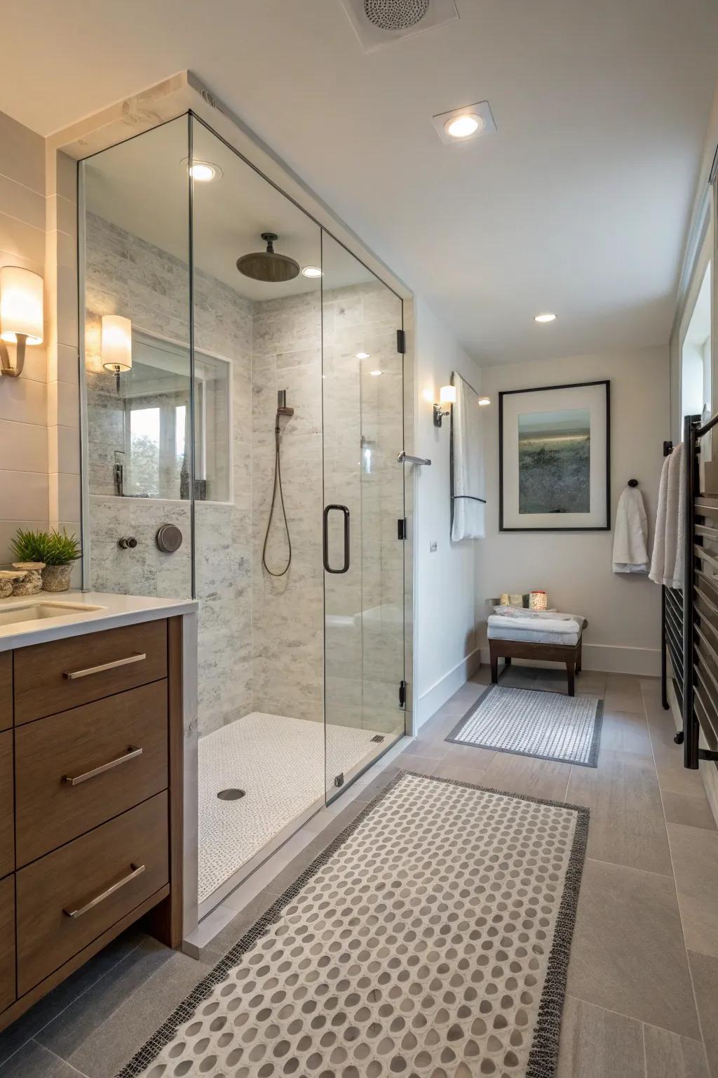 Textured floors ensure a safer shower environment.