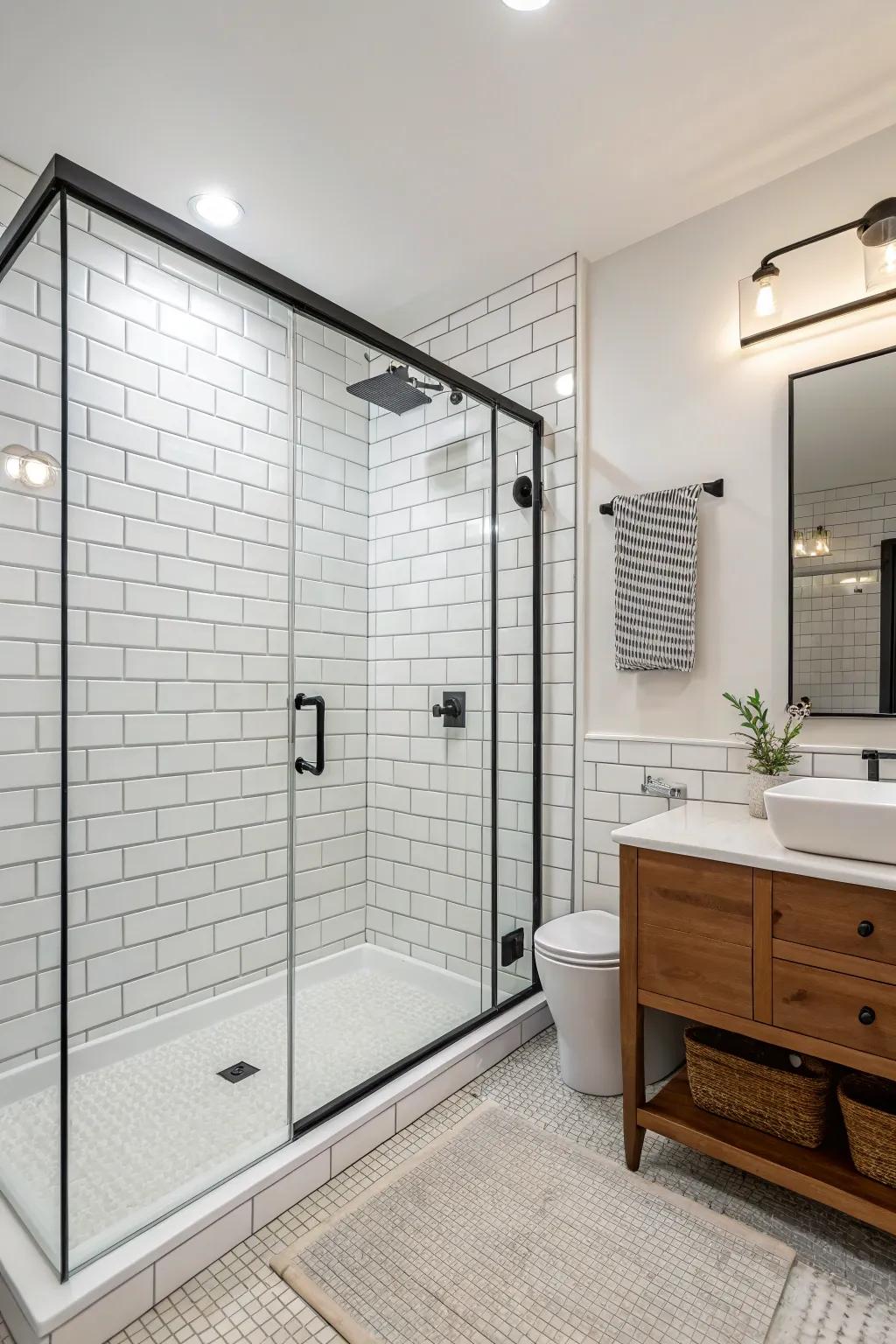 A minimalist bathroom showcases a frameless glass walk-in shower, creating a smooth, uninterrupted appearance.