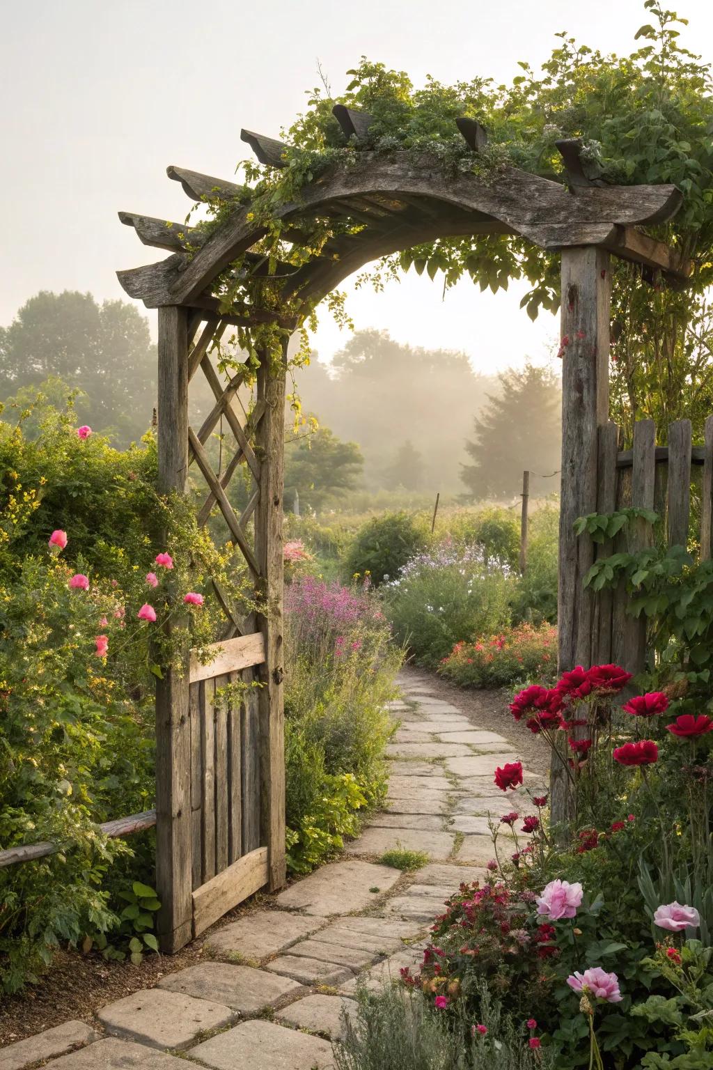 A countryside wooden arch injects lasting charm into any garden path.