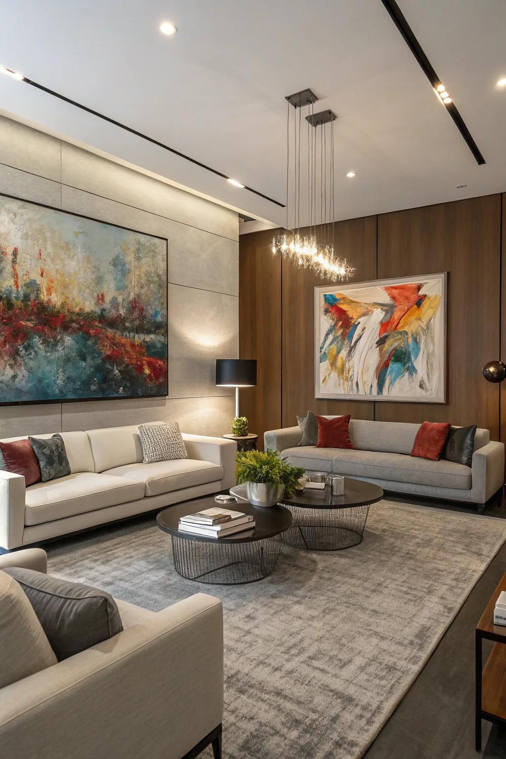 A modern living room featuring a large abstract painting as the main attraction.