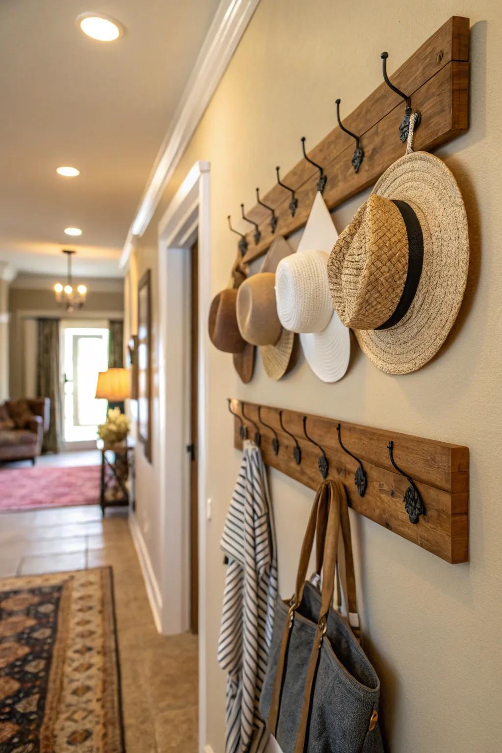 A cozy hallway with a wooden peg rail displaying hats vertically