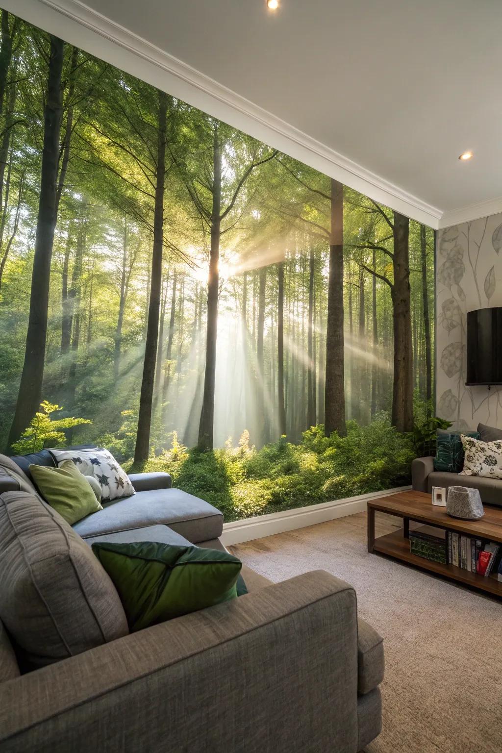 Bask in the tranquility of the forest with this vibrant wall mural.