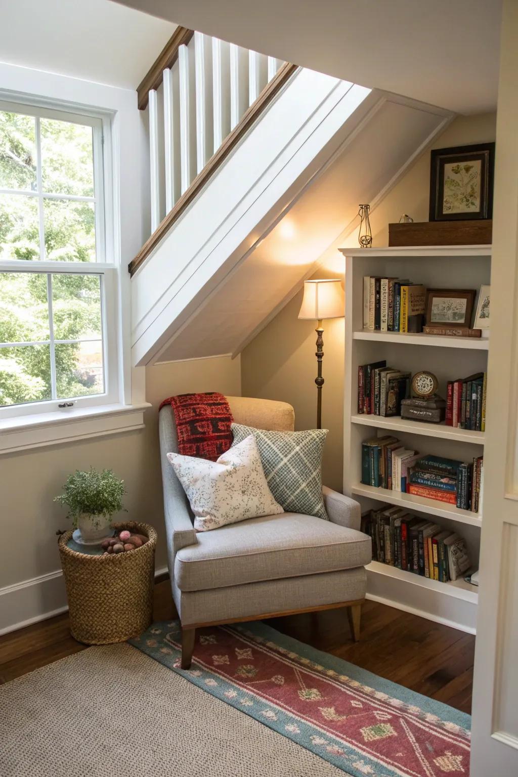 A snug reading nook beneath the staircase creates a perfect getaway.