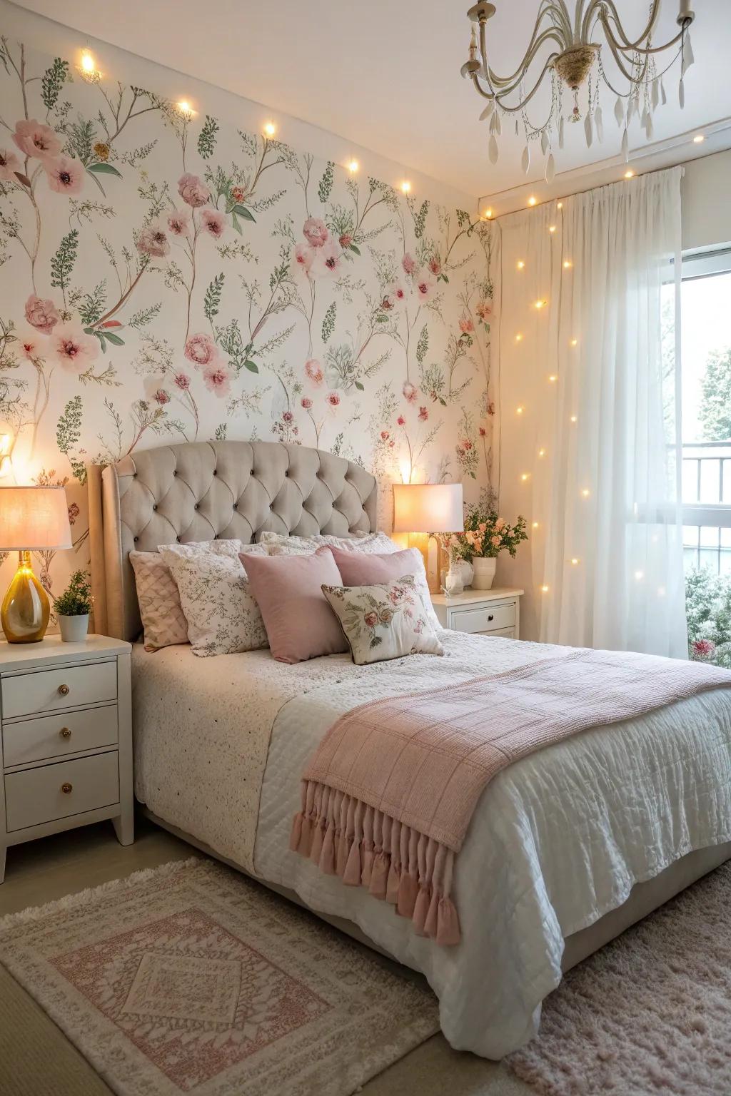 Floral wallpaper creates a serene and elegant bedroom retreat.