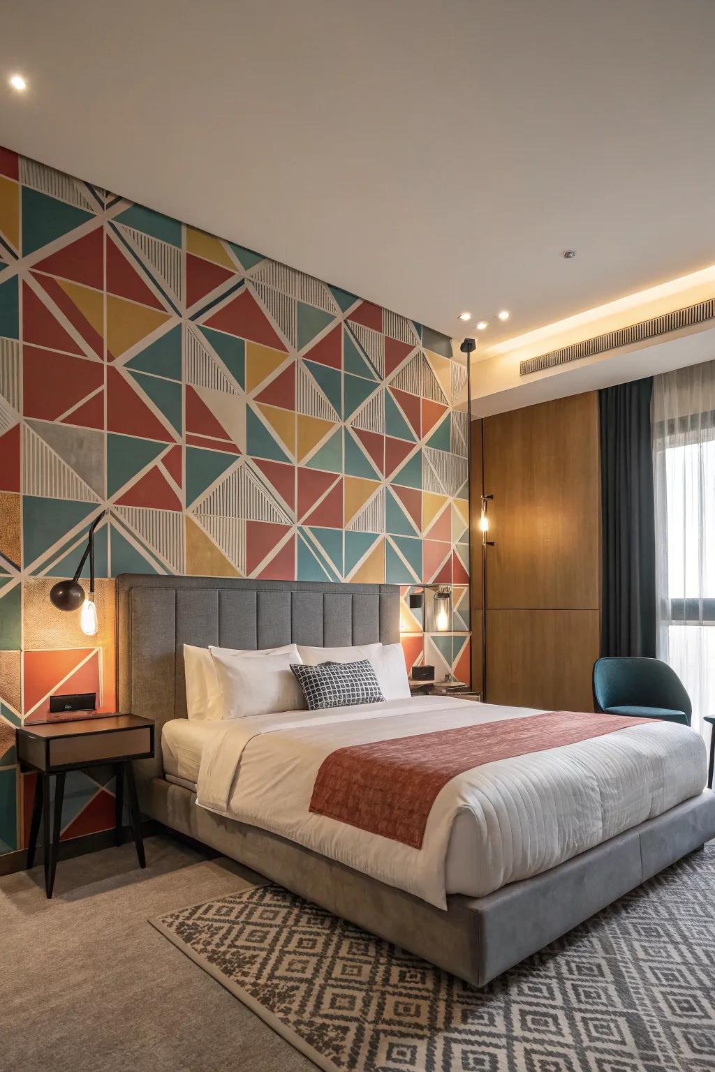 Geometric patterns contribute a contemporary flair to bedroom aesthetics.