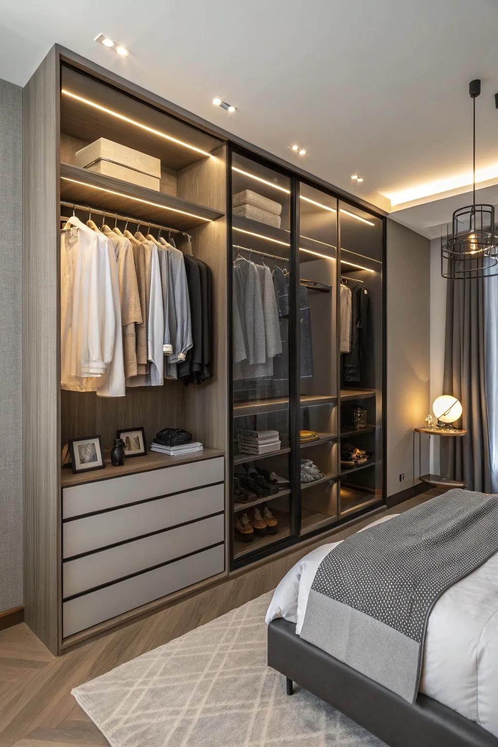 Exposed shelving combined with hanging bars delivers both ease and fashion.