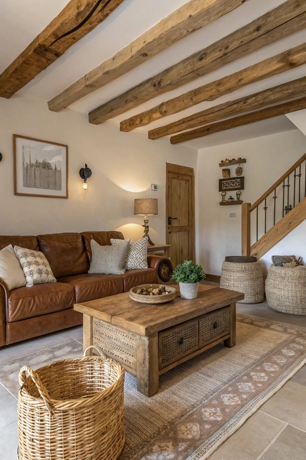 Exposed lumber supports lend an undeniable countryside charm to a contemporary setting.