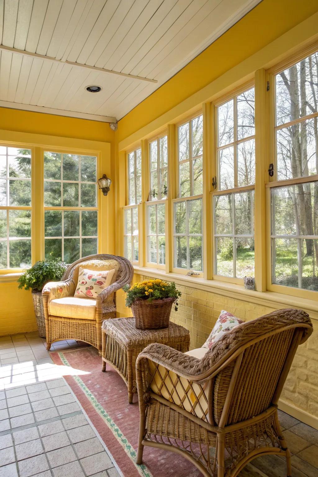 Sunroom painted in a radiant sunny yellow, brimming with warmth and happiness.