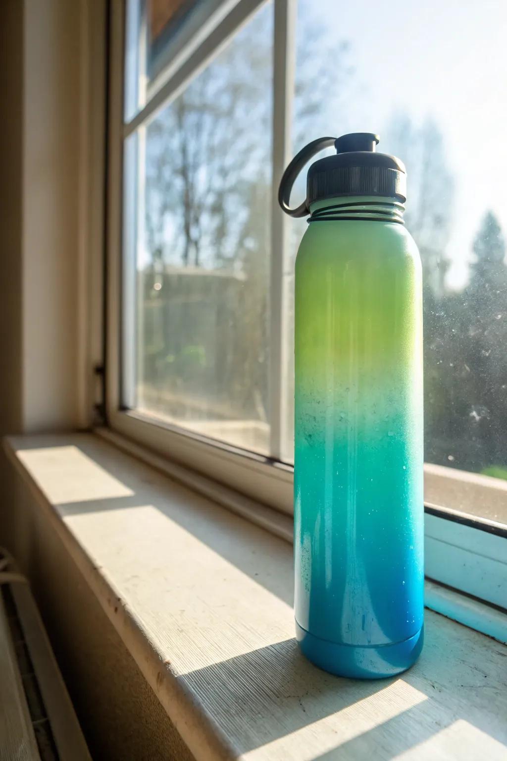 A beverage container displaying a dynamic ombre finish featuring blue and green tones.
