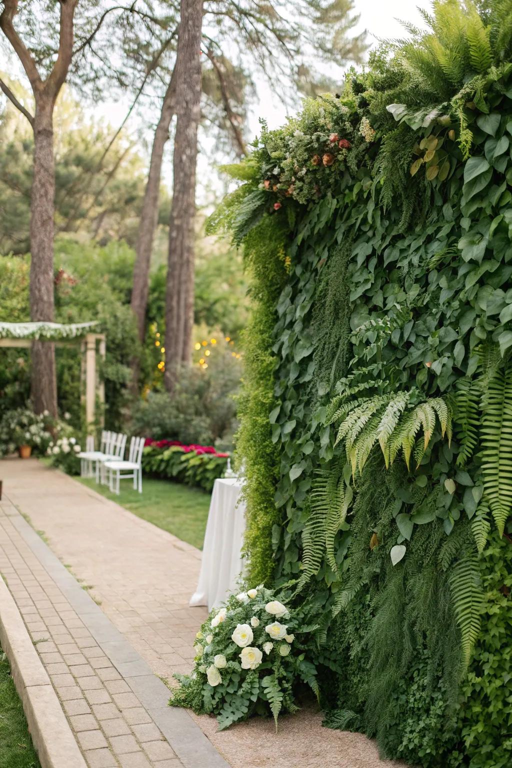 A serene wedding backdrop created with a lush greenery wall.