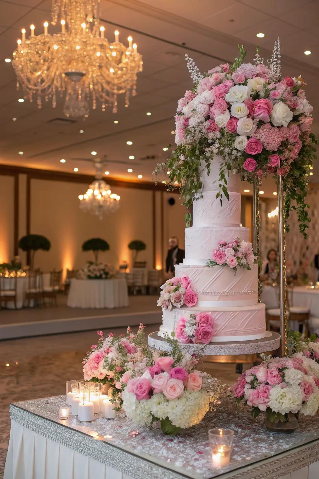 A wedding cake exhibit enhanced with vibrant flower arrangements.