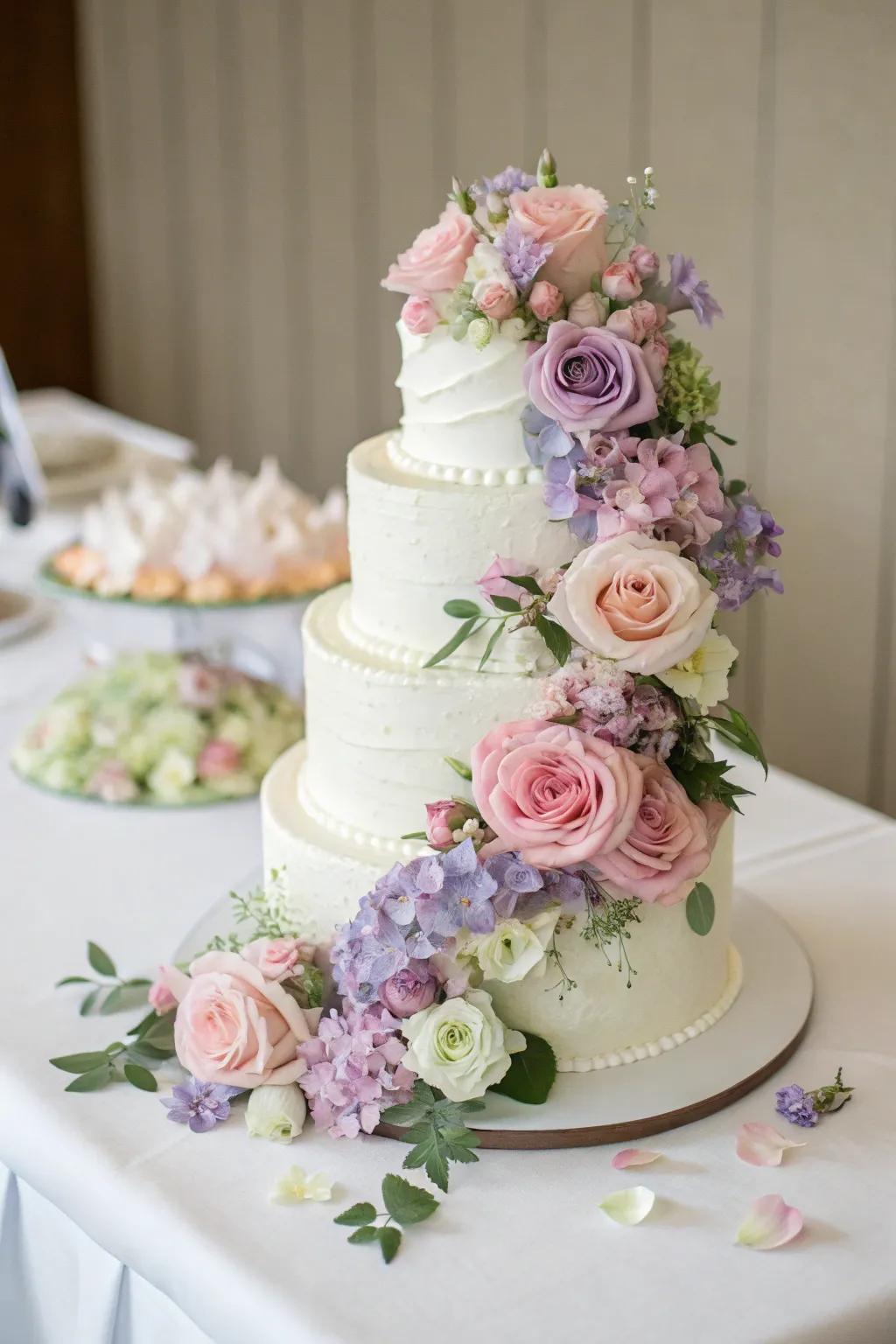 A wedding cake enhanced with cascading real flowers for a touch of timeless beauty.