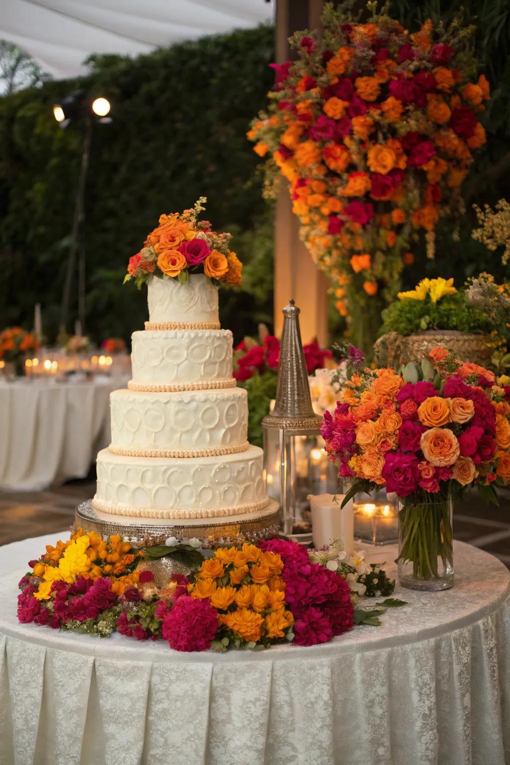 A cake table adorned with a lush floral arrangement.