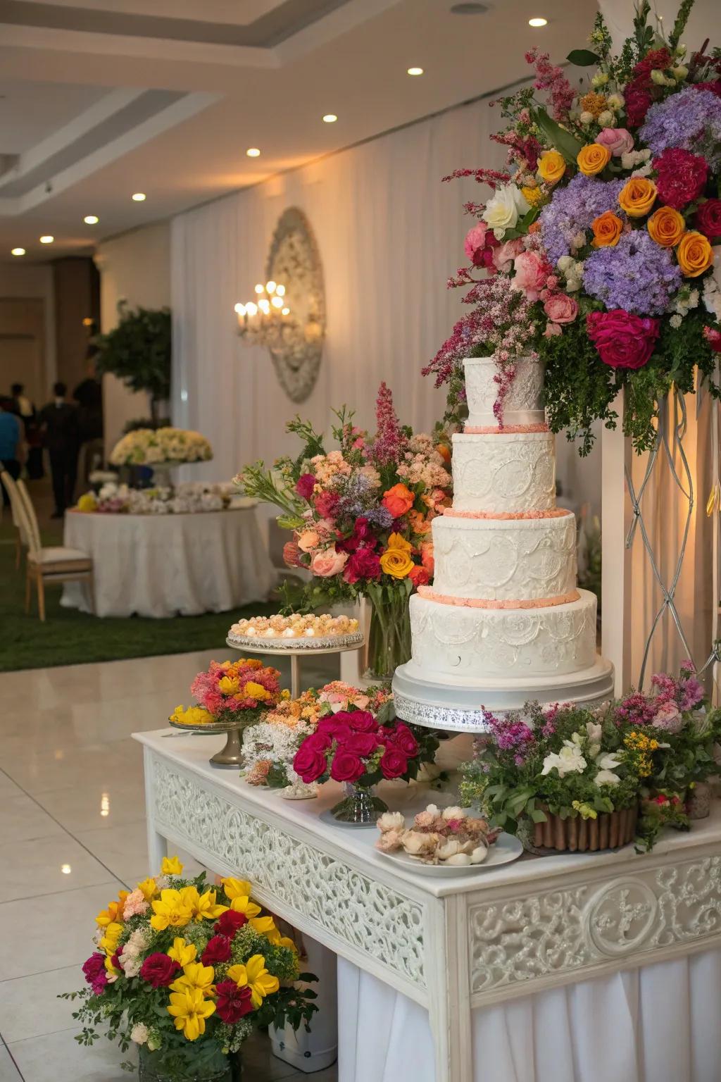 A wedding cake table inundated with vibrant floral compositions.