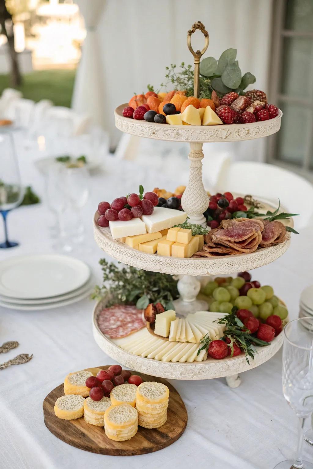 A tiered snack arrangement introduces refinement to any wedding gathering.