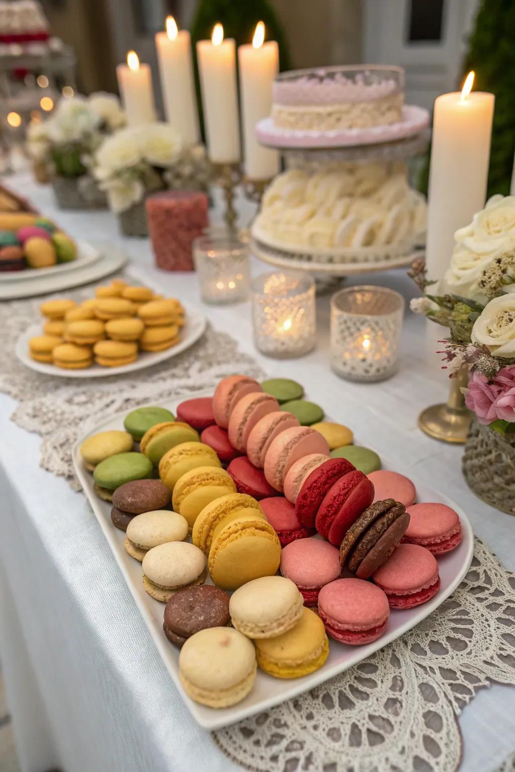 A wedding dessert display showcasing various treats in diverse shapes and flavors.