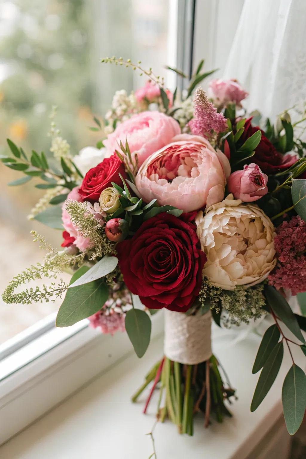 Detailed view of a wedding bouquet featuring roses, peonies, and abundant greenery.