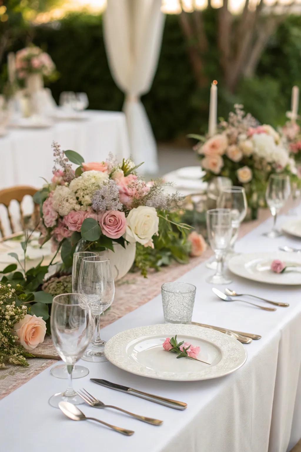 A wedding table exquisitely decorated with vibrant floral centerpieces and fine tableware.
