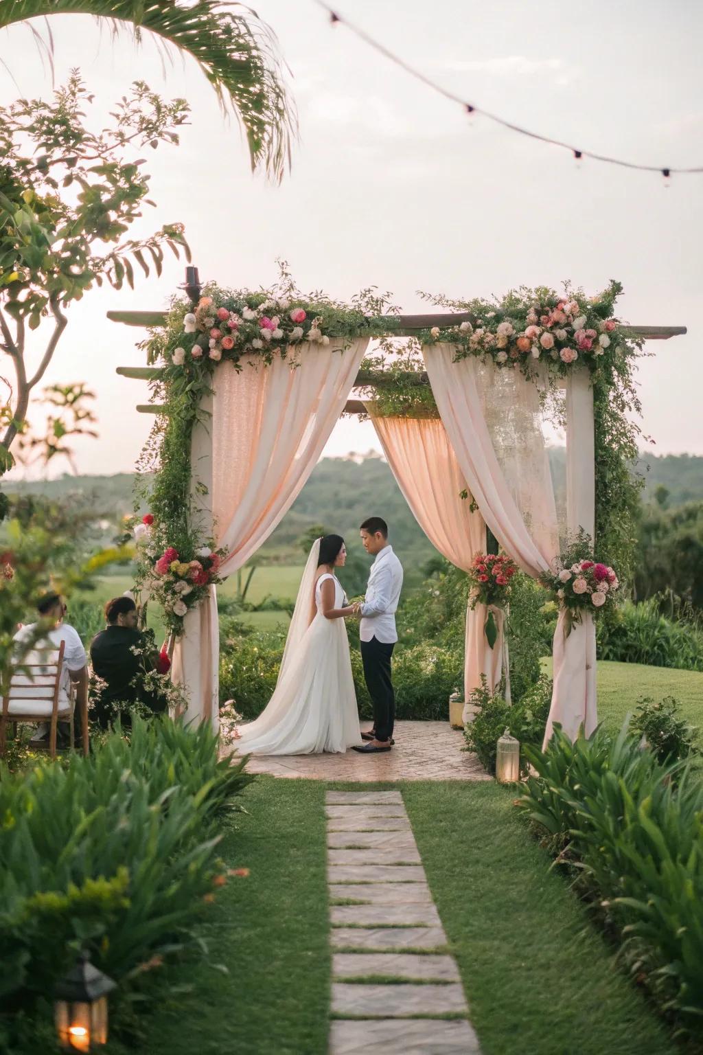 Design a captivating garden wedding by using fabrics that merge with nature.