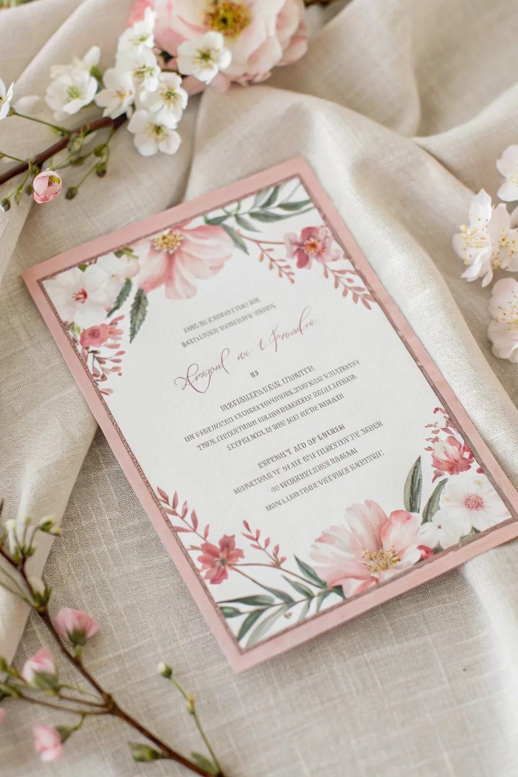 Invitation with a subtle flower outline against a linen backdrop.