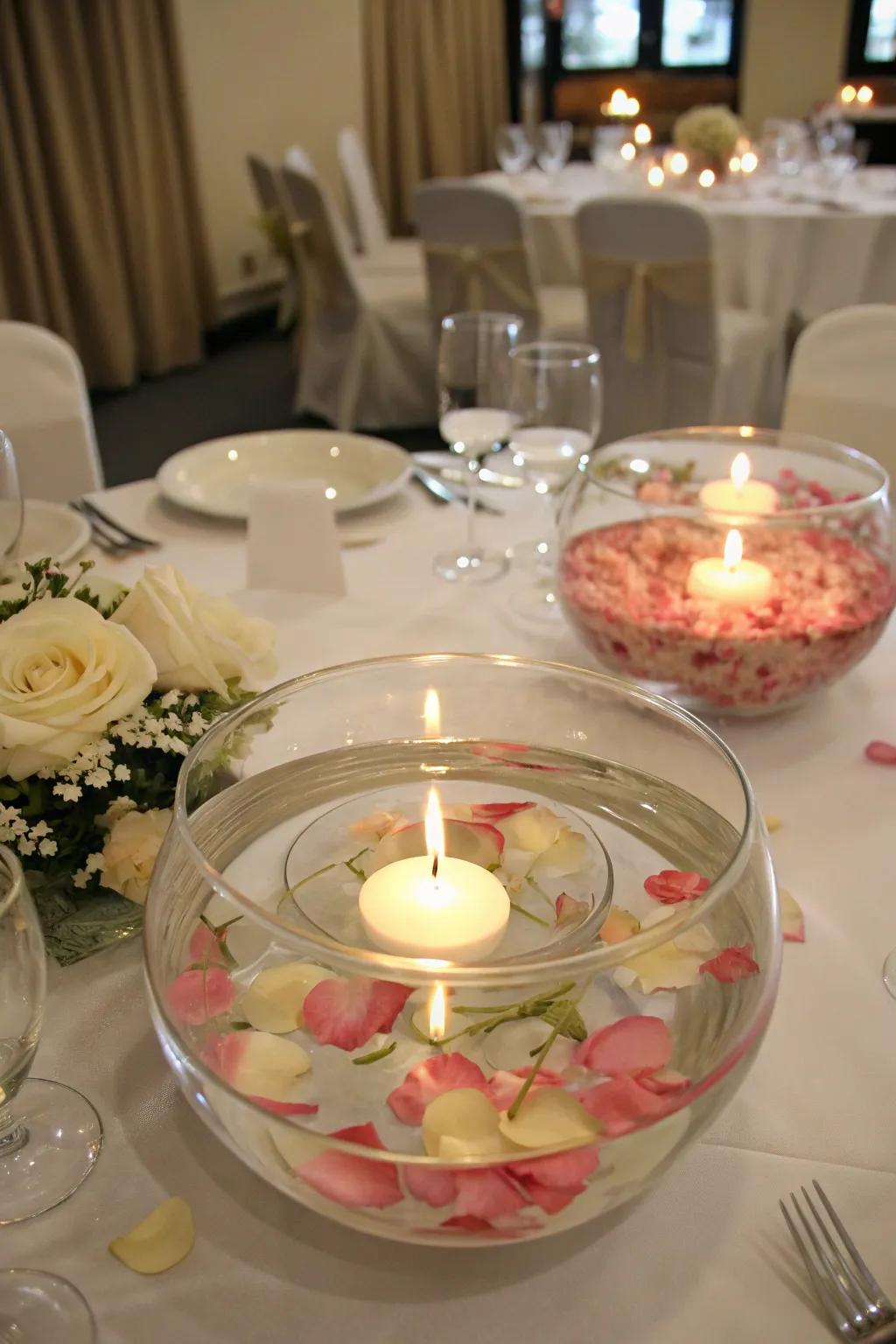Suspended lights and petals crafting a magical setting.