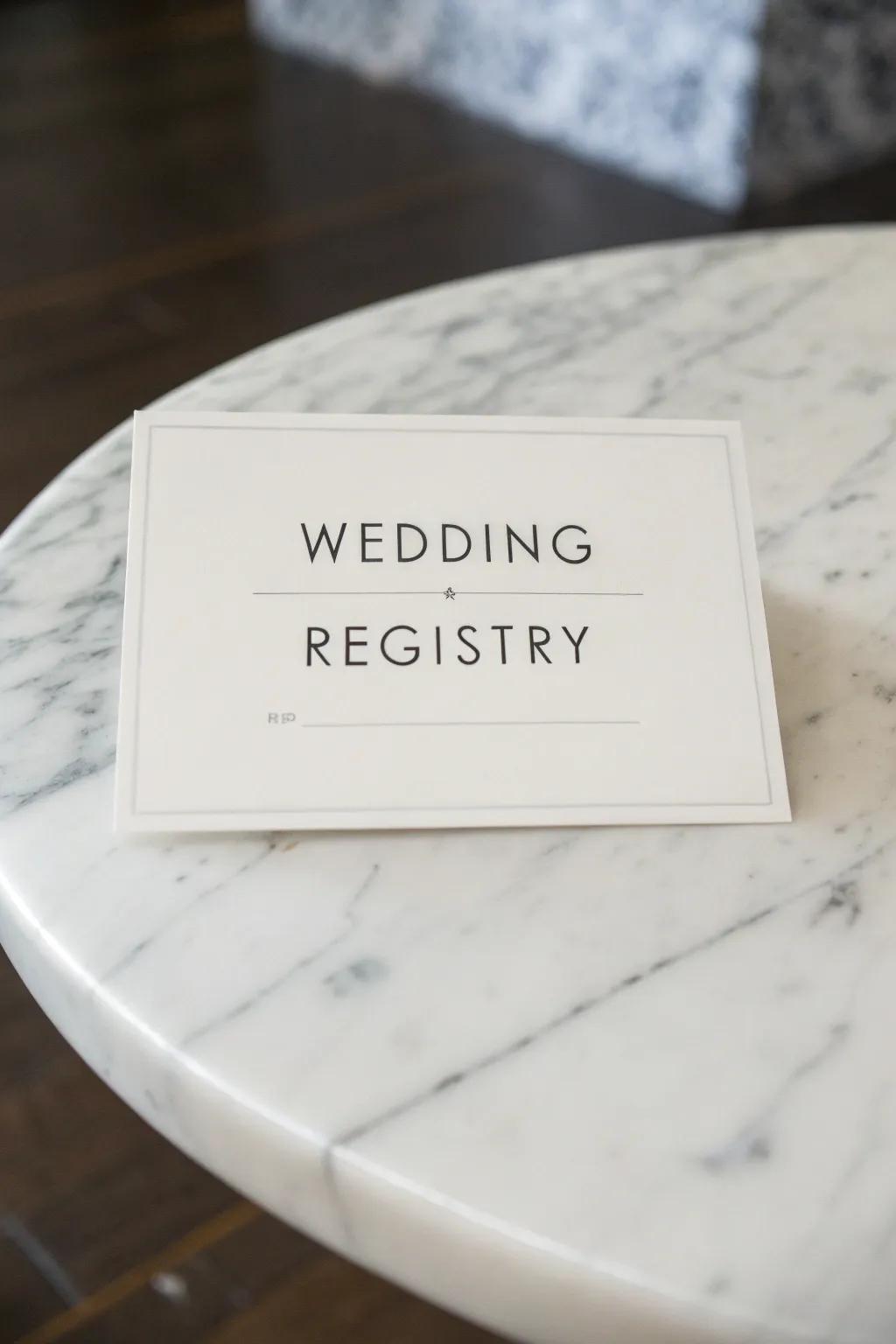A simple wedding registry card that uses clean lines and typography.