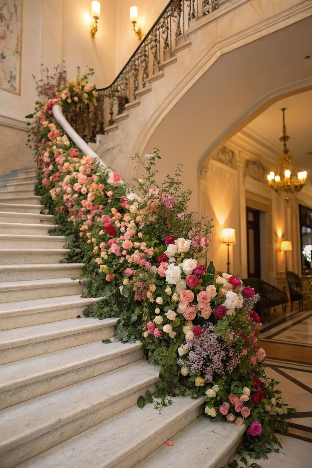 A staircase has been turned into a garden of floral wonders through the utilization of flowers that are in season.