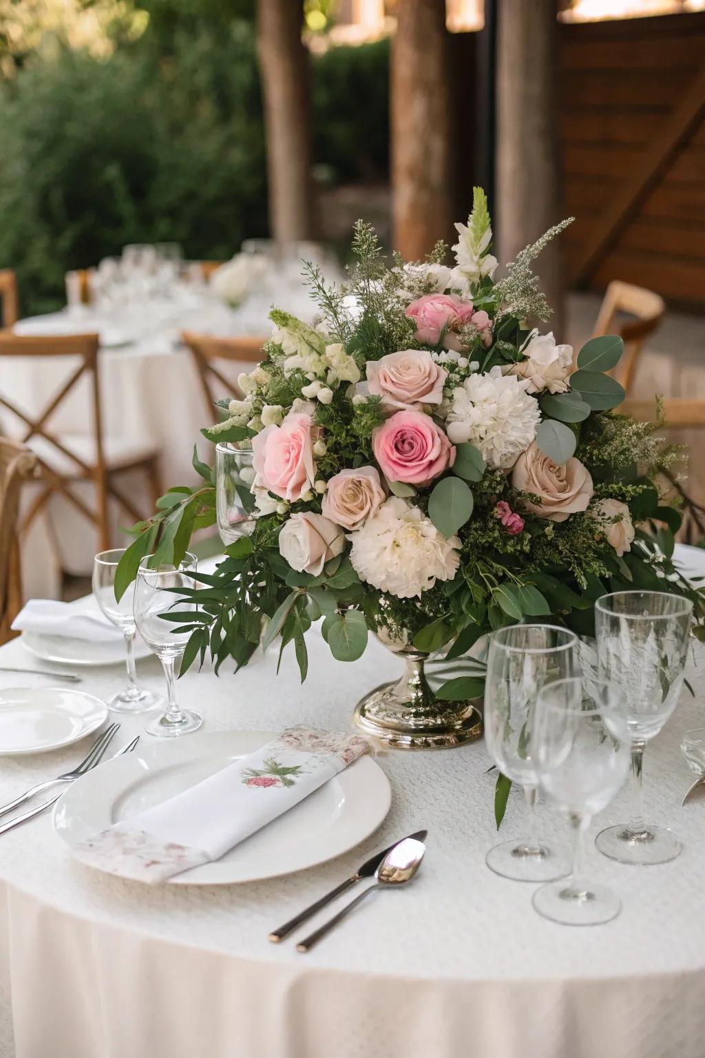 A rich floral arrangement that infuses life into the wedding table.