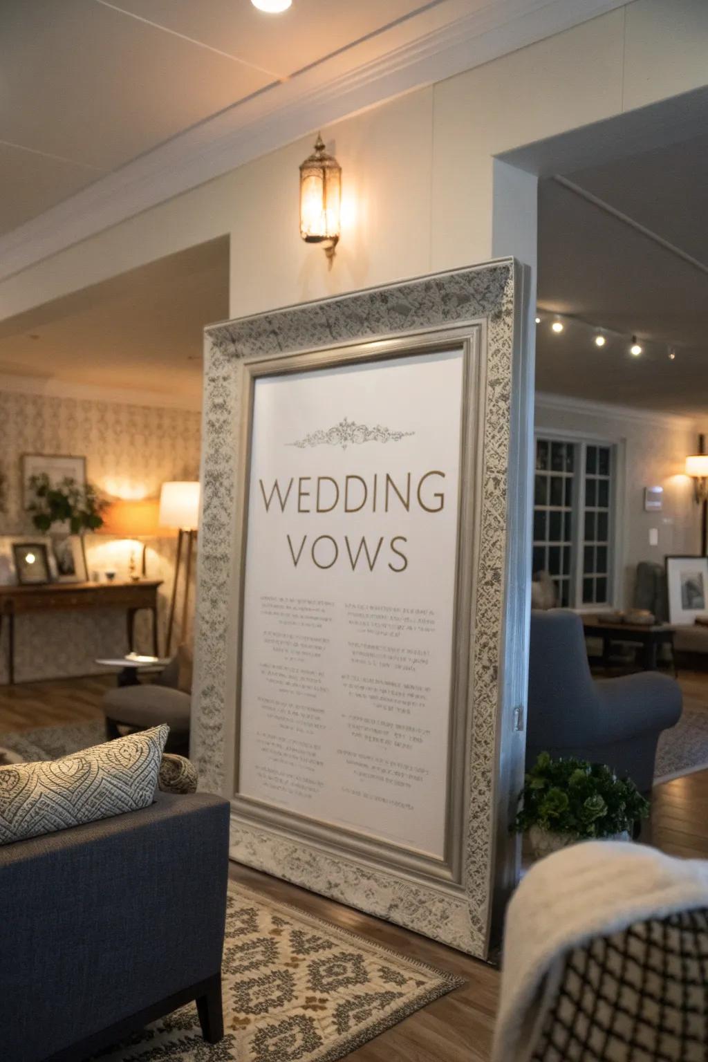 Stylishly framed wedding vows become a captivating element in an elegant living area.