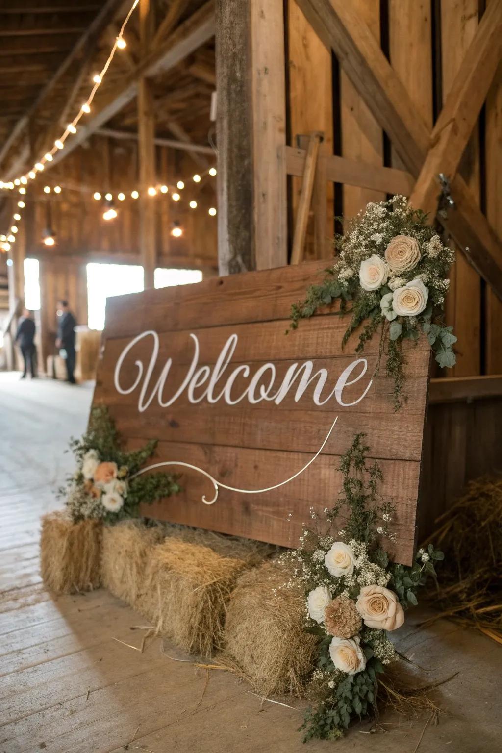 A natural wood welcome board with refined script, a great fit for a barn-style wedding.